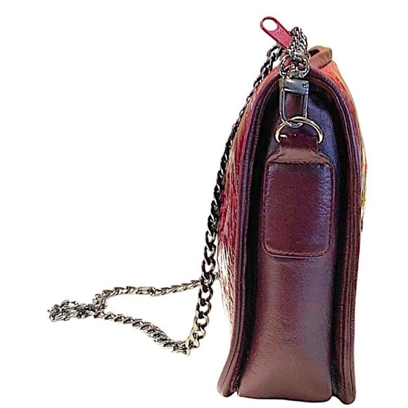 Eel Skin Handbag Rectangular Clutch Crossbody Dark Cherry w/Chain-link Strap - Picture 4 of 16